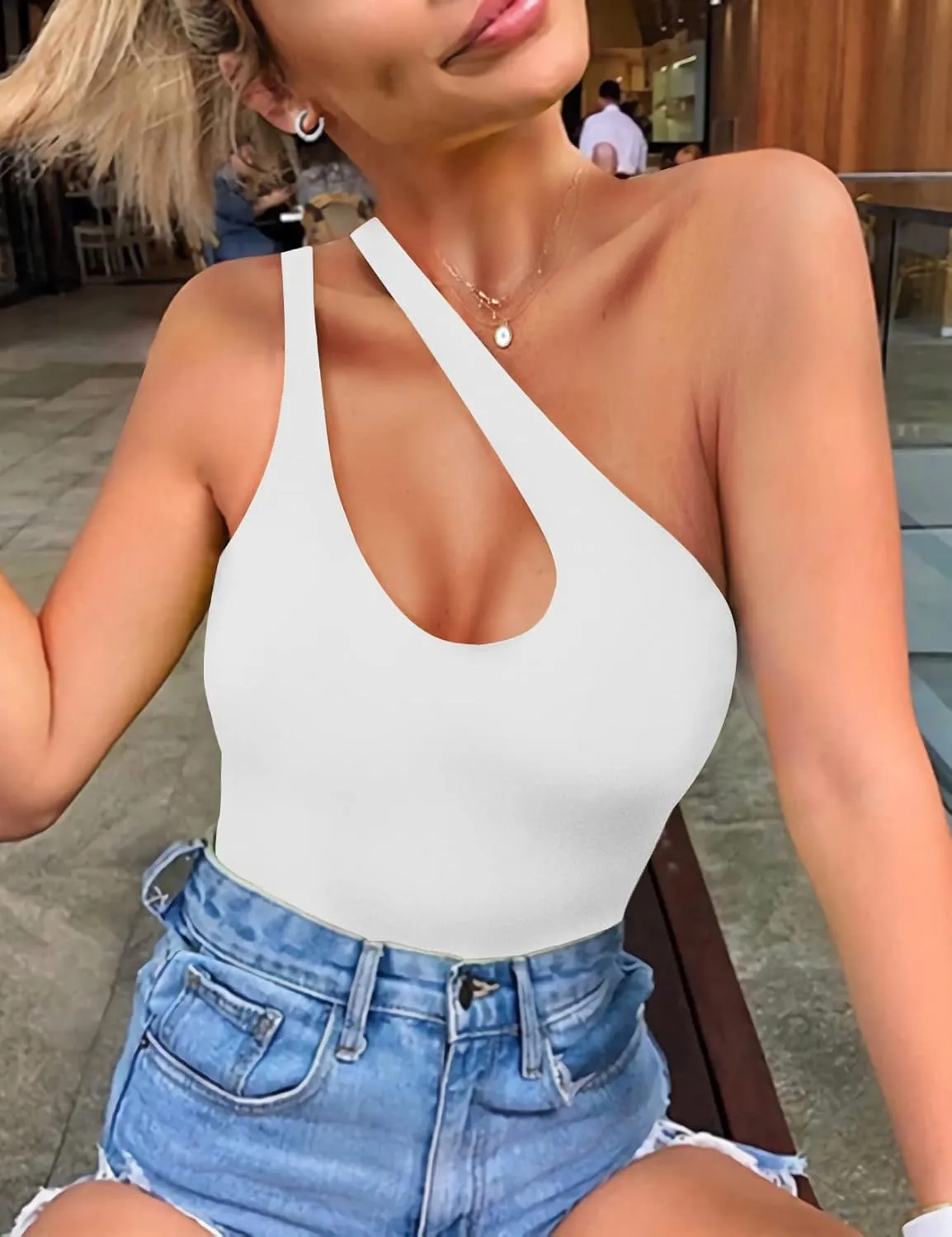 SAUNGKUAI Women's Sexy One Shoulder Sleeveless Cutout Thong Bodysuit Tank Top Body Suits V Backless Tummy Control Shapewear