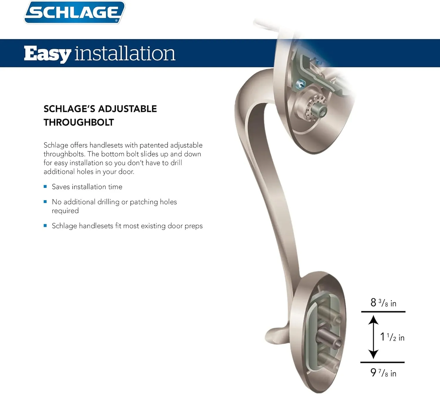 Schlage F60 V CAM 619 ACC Camelot Front Entry Handleset with Accent Lever, Deadbolt Keyed 1 Side, Satin Nickel
