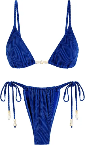 seamoly Women's Bikini Sets Ribbed Beaded Adjustable Spaghetti Strap Swimsuit Tie Side Thong Sexy 2 Piece Bathing Suit