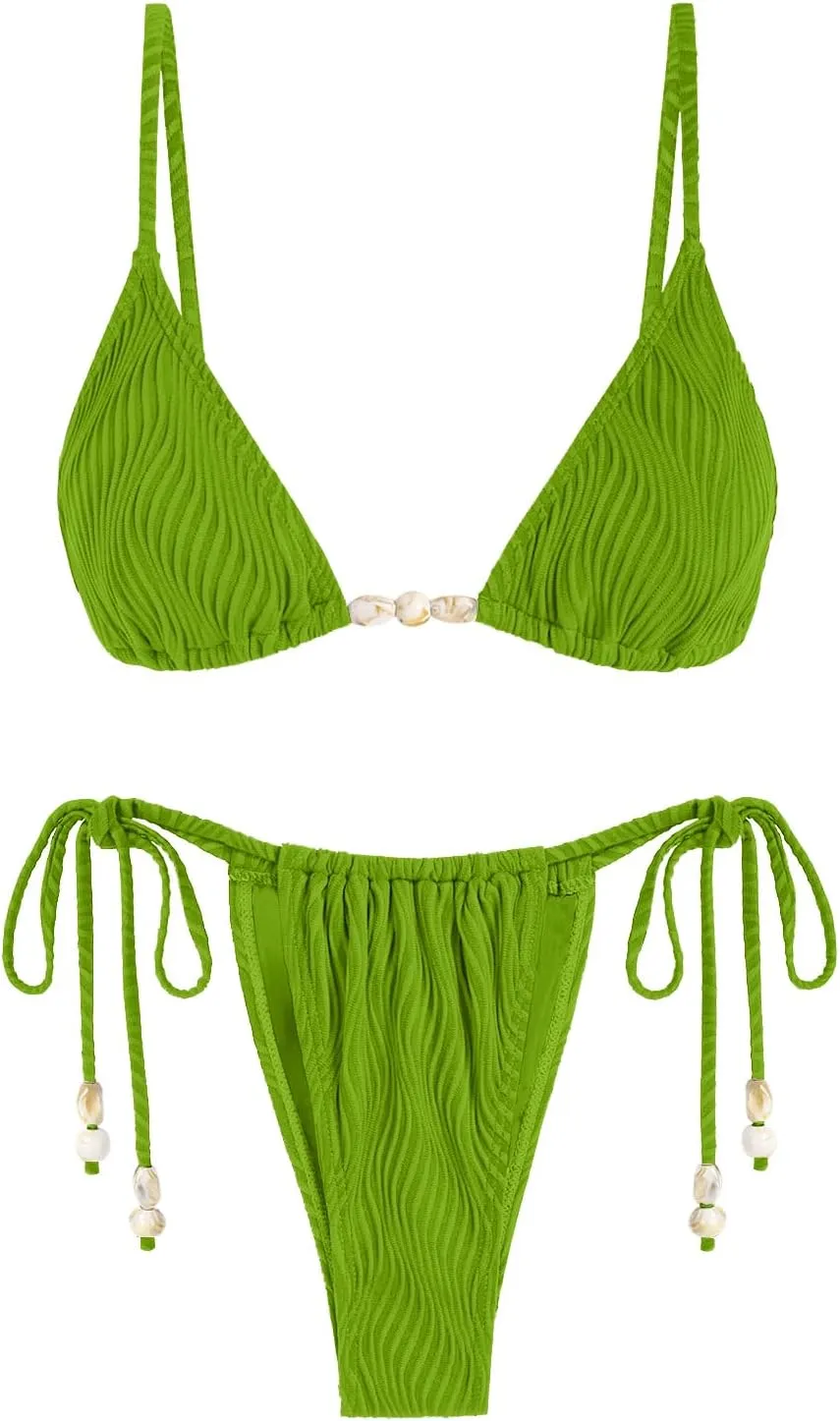 seamoly Women's Bikini Sets Ribbed Beaded Adjustable Spaghetti Strap Swimsuit Tie Side Thong Sexy 2 Piece Bathing Suit