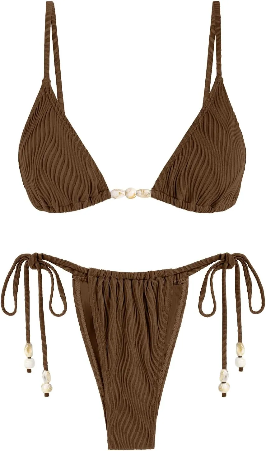 seamoly Women's Bikini Sets Ribbed Beaded Adjustable Spaghetti Strap Swimsuit Tie Side Thong Sexy 2 Piece Bathing Suit