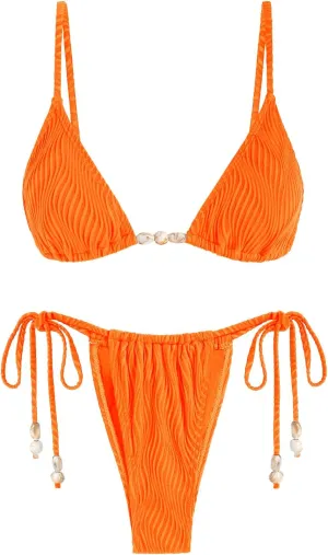 seamoly Women's Bikini Sets Ribbed Beaded Adjustable Spaghetti Strap Swimsuit Tie Side Thong Sexy 2 Piece Bathing Suit