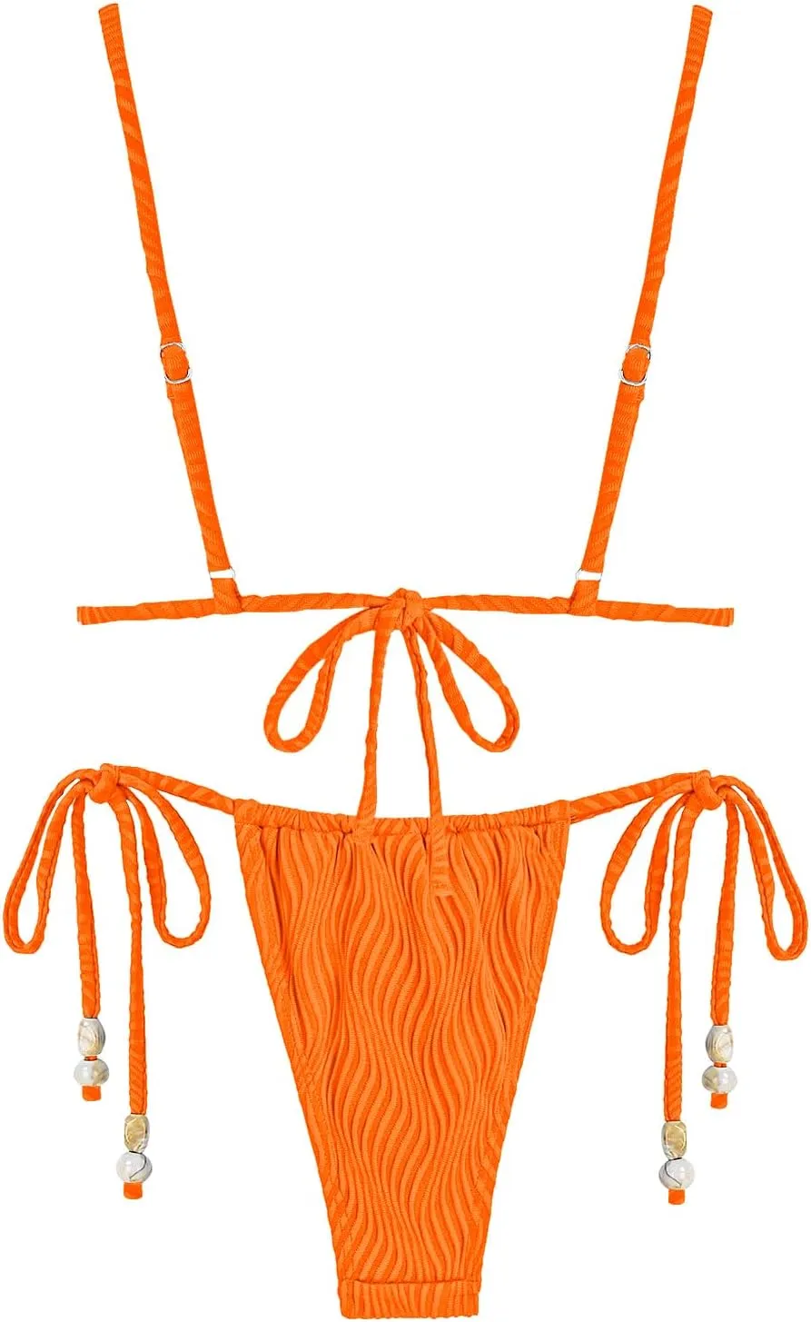 seamoly Women's Bikini Sets Ribbed Beaded Adjustable Spaghetti Strap Swimsuit Tie Side Thong Sexy 2 Piece Bathing Suit