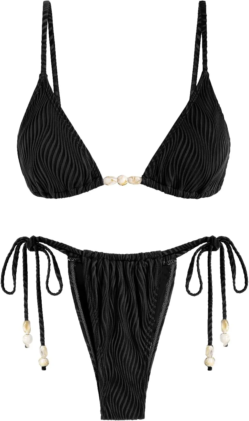 seamoly Women's Bikini Sets Ribbed Beaded Adjustable Spaghetti Strap Swimsuit Tie Side Thong Sexy 2 Piece Bathing Suit