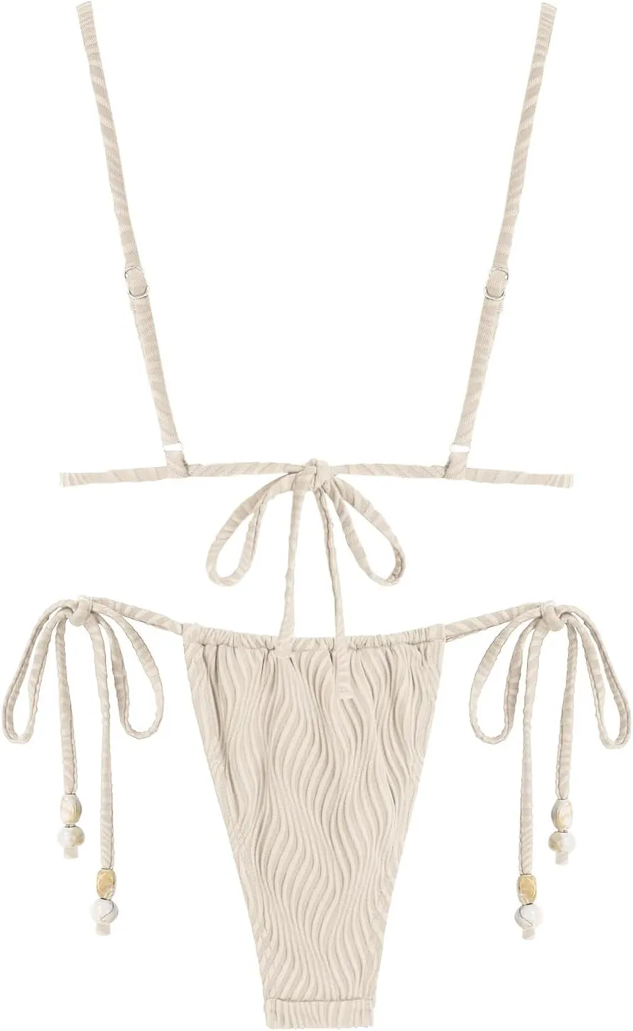 seamoly Women's Bikini Sets Ribbed Beaded Adjustable Spaghetti Strap Swimsuit Tie Side Thong Sexy 2 Piece Bathing Suit