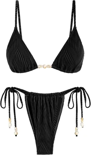 seamoly Women's Bikini Sets Ribbed Beaded Adjustable Spaghetti Strap Swimsuit Tie Side Thong Sexy 2 Piece Bathing Suit
