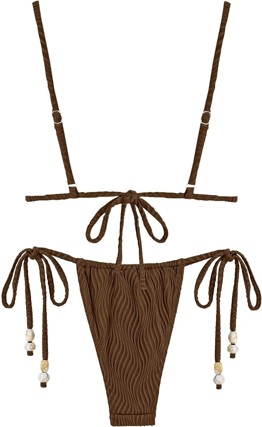 seamoly Women's Bikini Sets Ribbed Beaded Adjustable Spaghetti Strap Swimsuit Tie Side Thong Sexy 2 Piece Bathing Suit