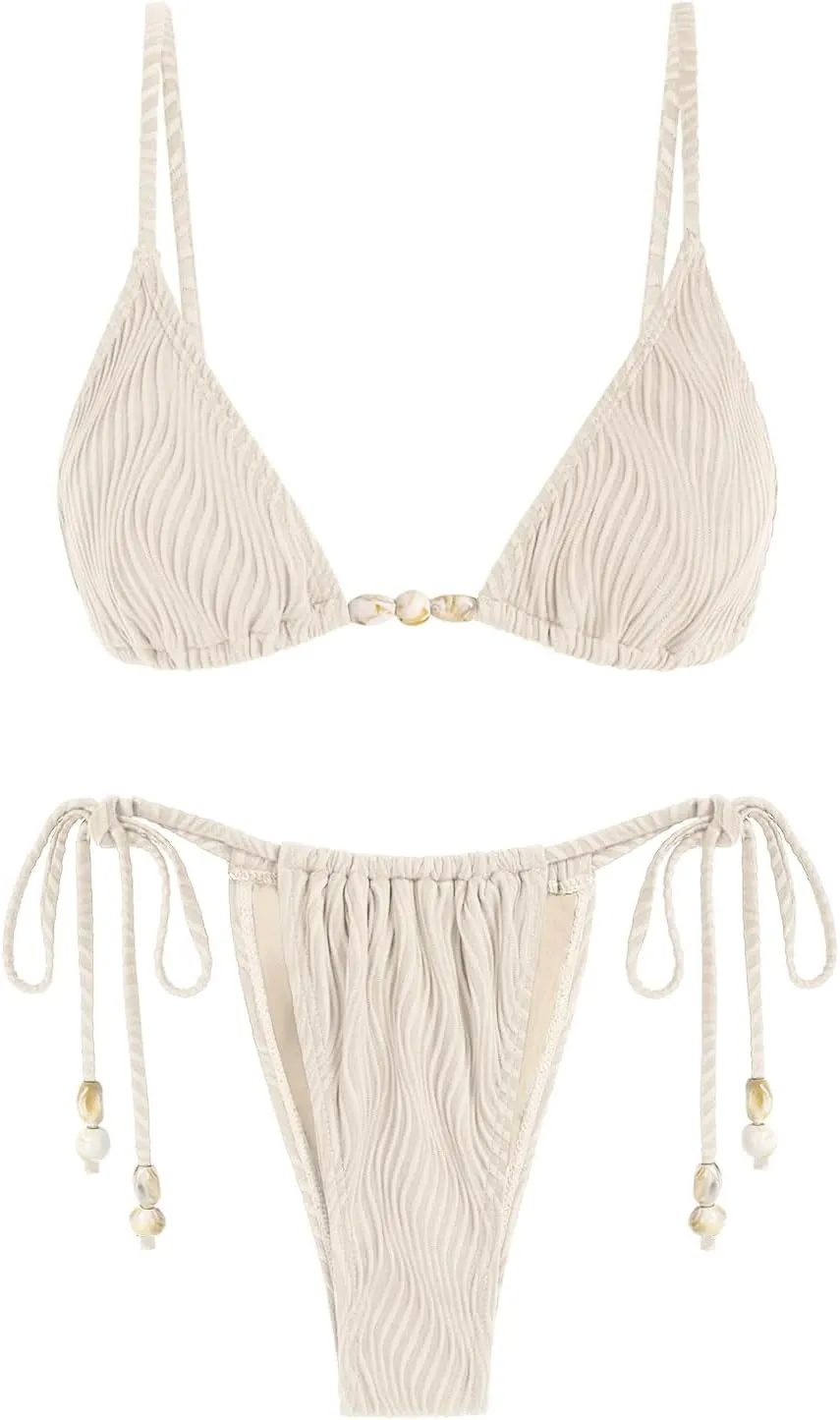 seamoly Women's Bikini Sets Ribbed Beaded Adjustable Spaghetti Strap Swimsuit Tie Side Thong Sexy 2 Piece Bathing Suit