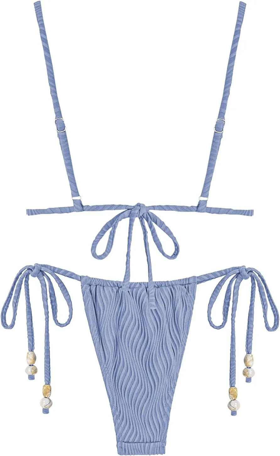 seamoly Women's Bikini Sets Ribbed Beaded Adjustable Spaghetti Strap Swimsuit Tie Side Thong Sexy 2 Piece Bathing Suit
