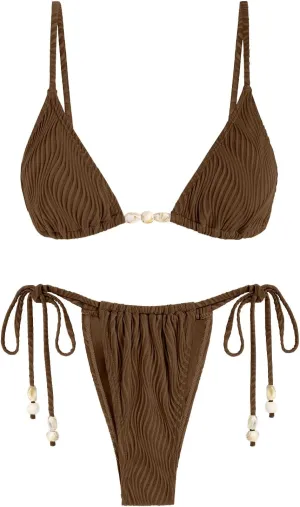 seamoly Women's Bikini Sets Ribbed Beaded Adjustable Spaghetti Strap Swimsuit Tie Side Thong Sexy 2 Piece Bathing Suit