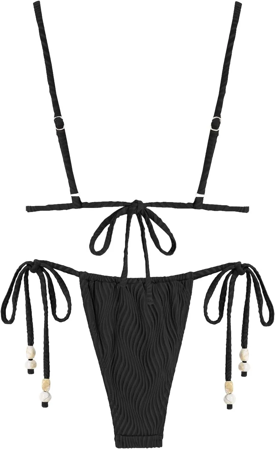 seamoly Women's Bikini Sets Ribbed Beaded Adjustable Spaghetti Strap Swimsuit Tie Side Thong Sexy 2 Piece Bathing Suit