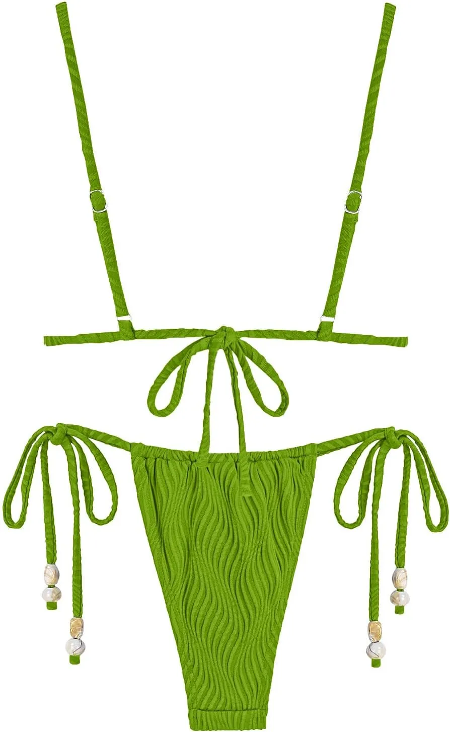 seamoly Women's Bikini Sets Ribbed Beaded Adjustable Spaghetti Strap Swimsuit Tie Side Thong Sexy 2 Piece Bathing Suit