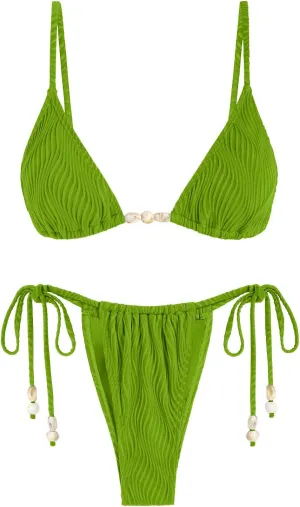 seamoly Women's Bikini Sets Ribbed Beaded Adjustable Spaghetti Strap Swimsuit Tie Side Thong Sexy 2 Piece Bathing Suit