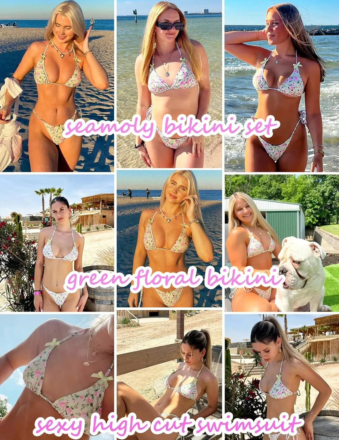 seamoly Women's Bikini Sets Tie Back Bowknot Two Piece Swimsuits Triangle Thong Bathing Suit Gingham Floral Cherry Printing