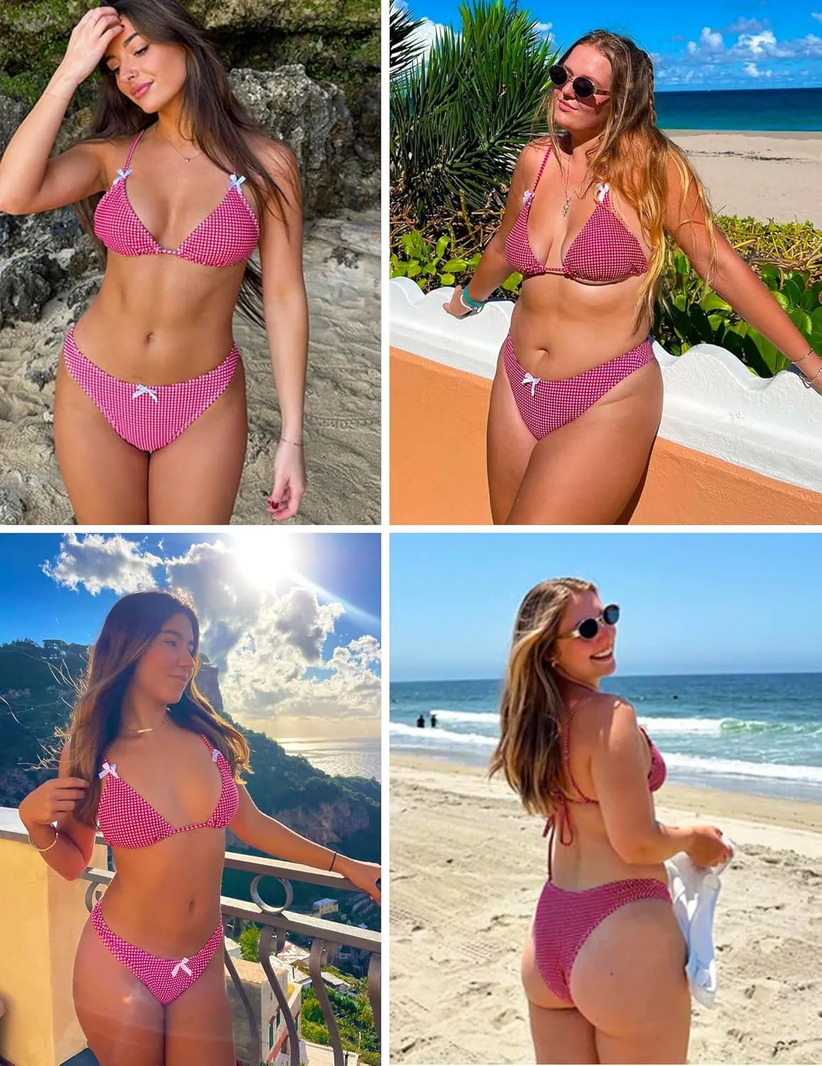 seamoly Women's Bikini Sets Tie Back Bowknot Two Piece Swimsuits Triangle Thong Bathing Suit Gingham Floral Cherry Printing