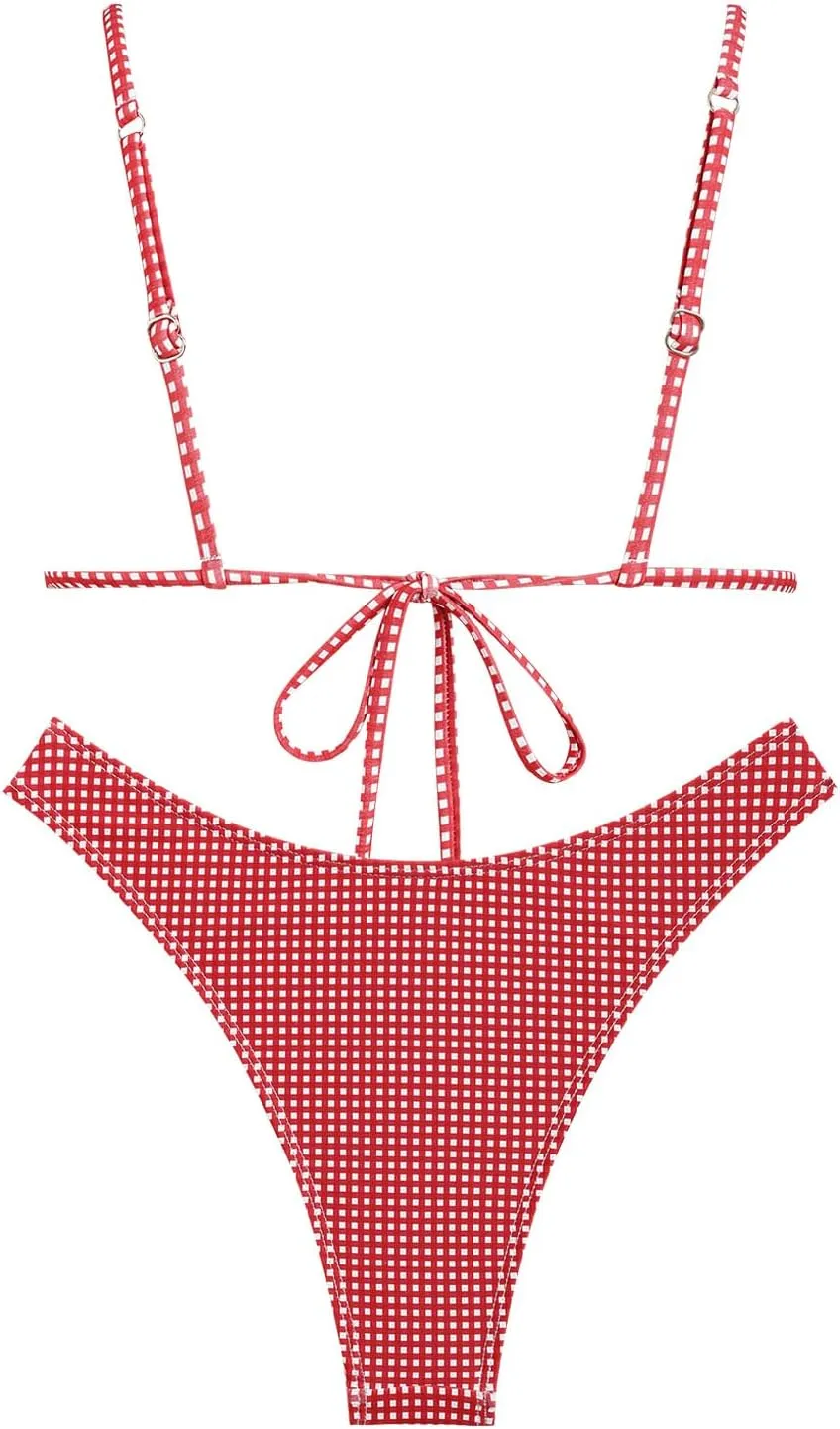 seamoly Women's Bikini Sets Tie Back Bowknot Two Piece Swimsuits Triangle Thong Bathing Suit Gingham Floral Cherry Printing