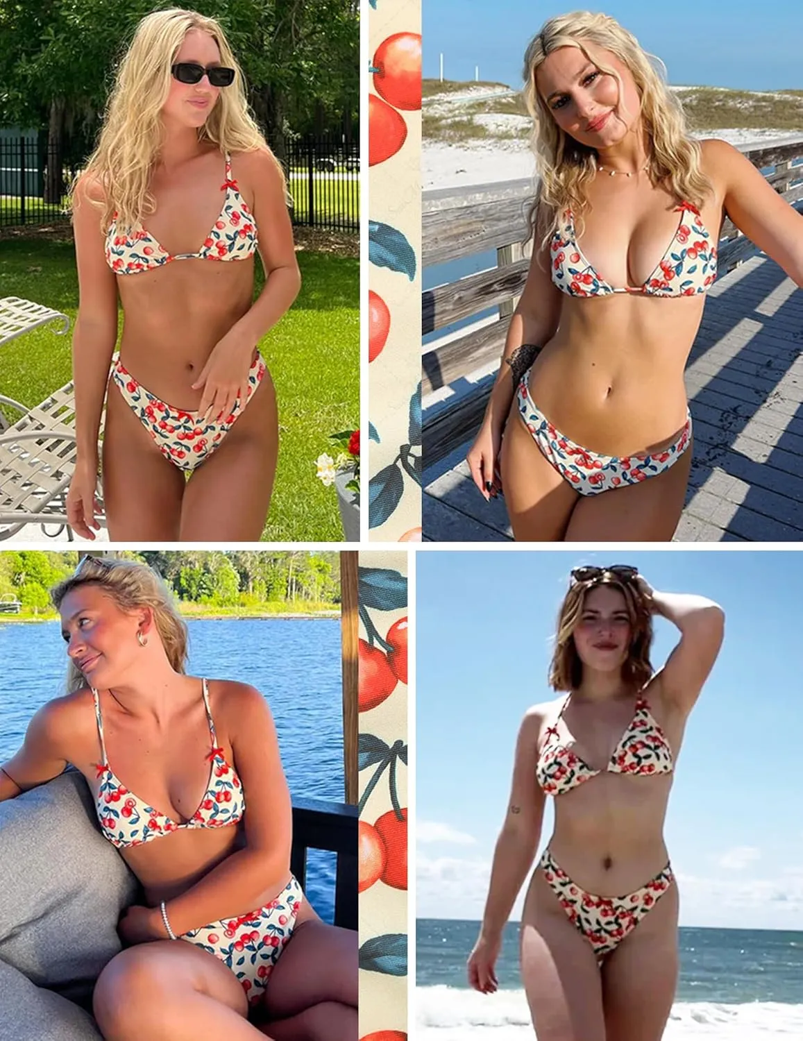 seamoly Women's Bikini Sets Tie Back Bowknot Two Piece Swimsuits Triangle Thong Bathing Suit Gingham Floral Cherry Printing