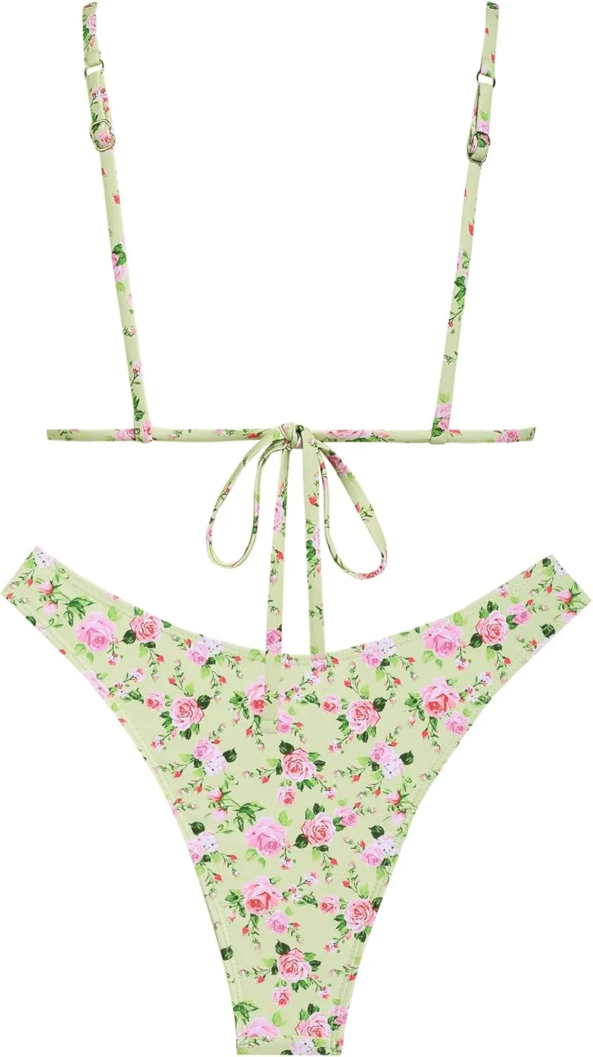 seamoly Women's Bikini Sets Tie Back Bowknot Two Piece Swimsuits Triangle Thong Bathing Suit Gingham Floral Cherry Printing