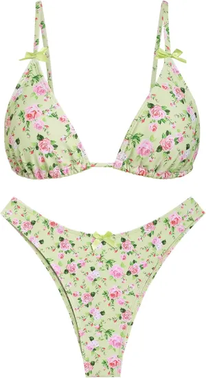 seamoly Women's Bikini Sets Tie Back Bowknot Two Piece Swimsuits Triangle Thong Bathing Suit Gingham Floral Cherry Printing
