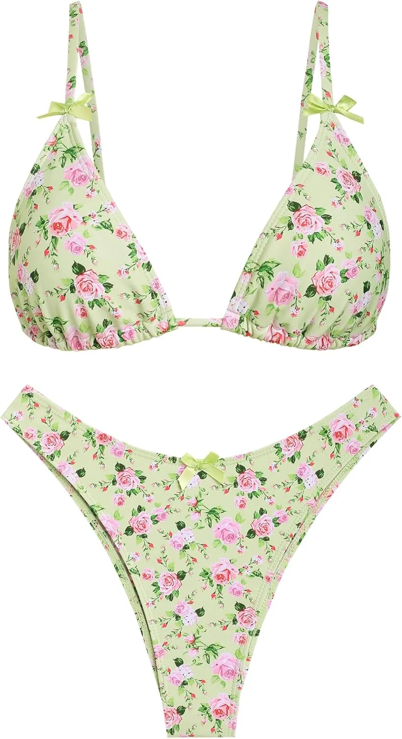 seamoly Women's Bikini Sets Tie Back Bowknot Two Piece Swimsuits Triangle Thong Bathing Suit Gingham Floral Cherry Printing