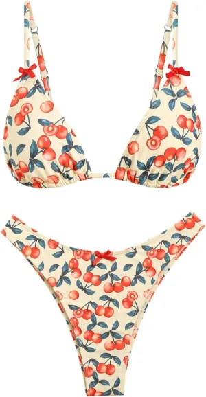 seamoly Women's Bikini Sets Tie Back Bowknot Two Piece Swimsuits Triangle Thong Bathing Suit Gingham Floral Cherry Printing