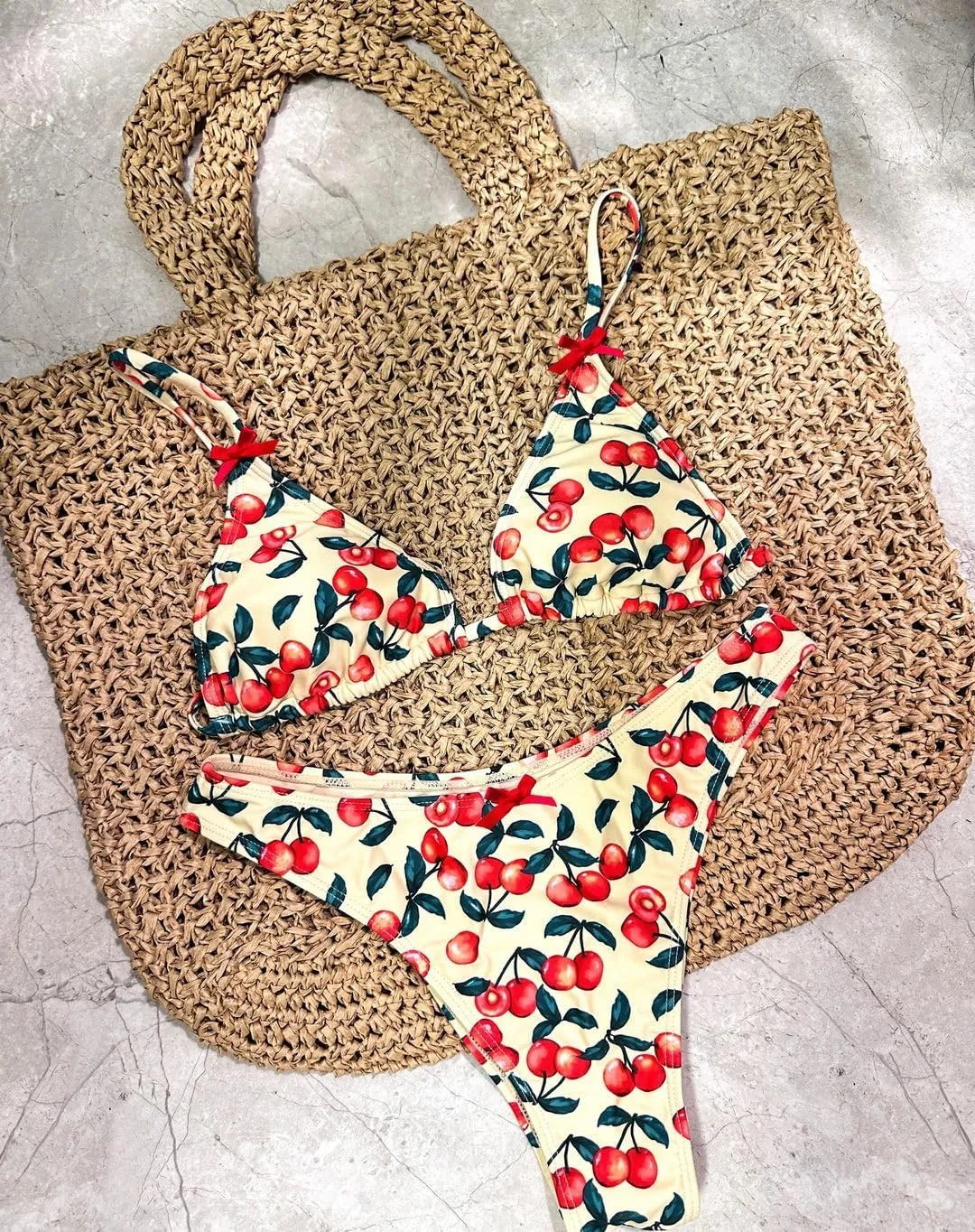 seamoly Women's Bikini Sets Tie Back Bowknot Two Piece Swimsuits Triangle Thong Bathing Suit Gingham Floral Cherry Printing