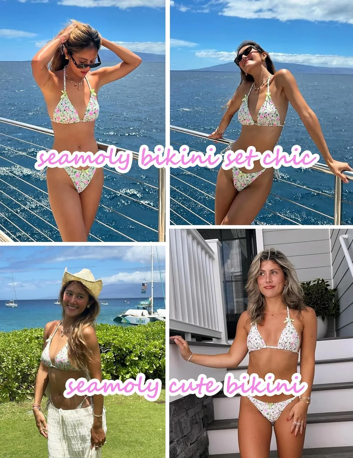 seamoly Women's Bikini Sets Tie Back Bowknot Two Piece Swimsuits Triangle Thong Bathing Suit Gingham Floral Cherry Printing