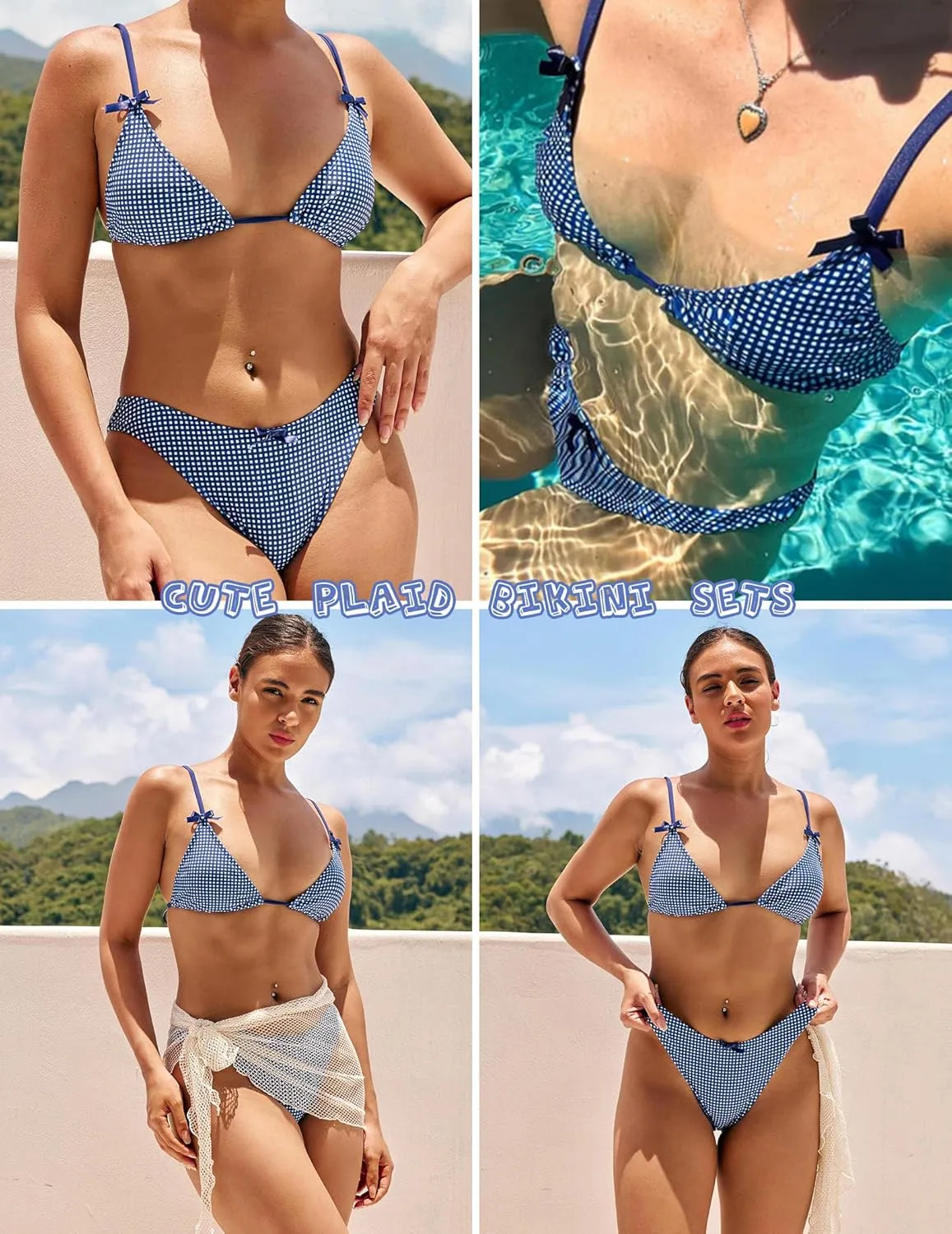 seamoly Women's Bikini Sets Tie Back Bowknot Two Piece Swimsuits Triangle Thong Bathing Suit Gingham Floral Cherry Printing