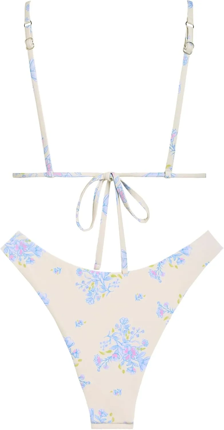 seamoly Women's Bikini Sets Tie Back Bowknot Two Piece Swimsuits Triangle Thong Bathing Suit Gingham Floral Cherry Printing