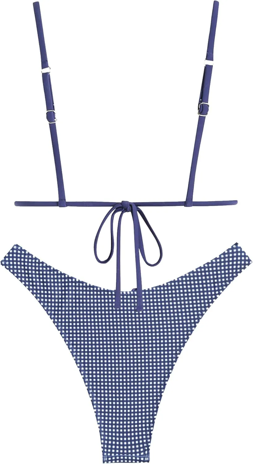 seamoly Women's Bikini Sets Tie Back Bowknot Two Piece Swimsuits Triangle Thong Bathing Suit Gingham Floral Cherry Printing