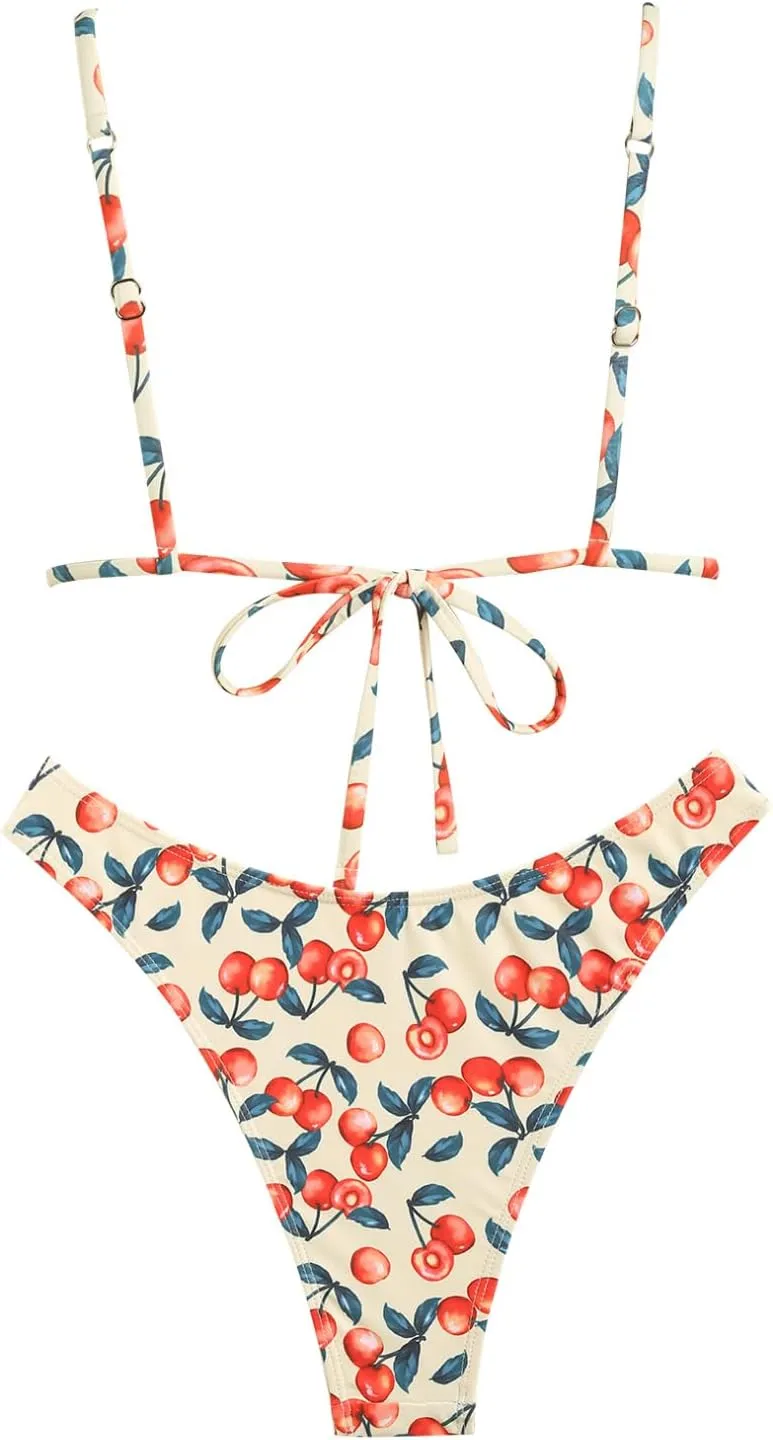 seamoly Women's Bikini Sets Tie Back Bowknot Two Piece Swimsuits Triangle Thong Bathing Suit Gingham Floral Cherry Printing