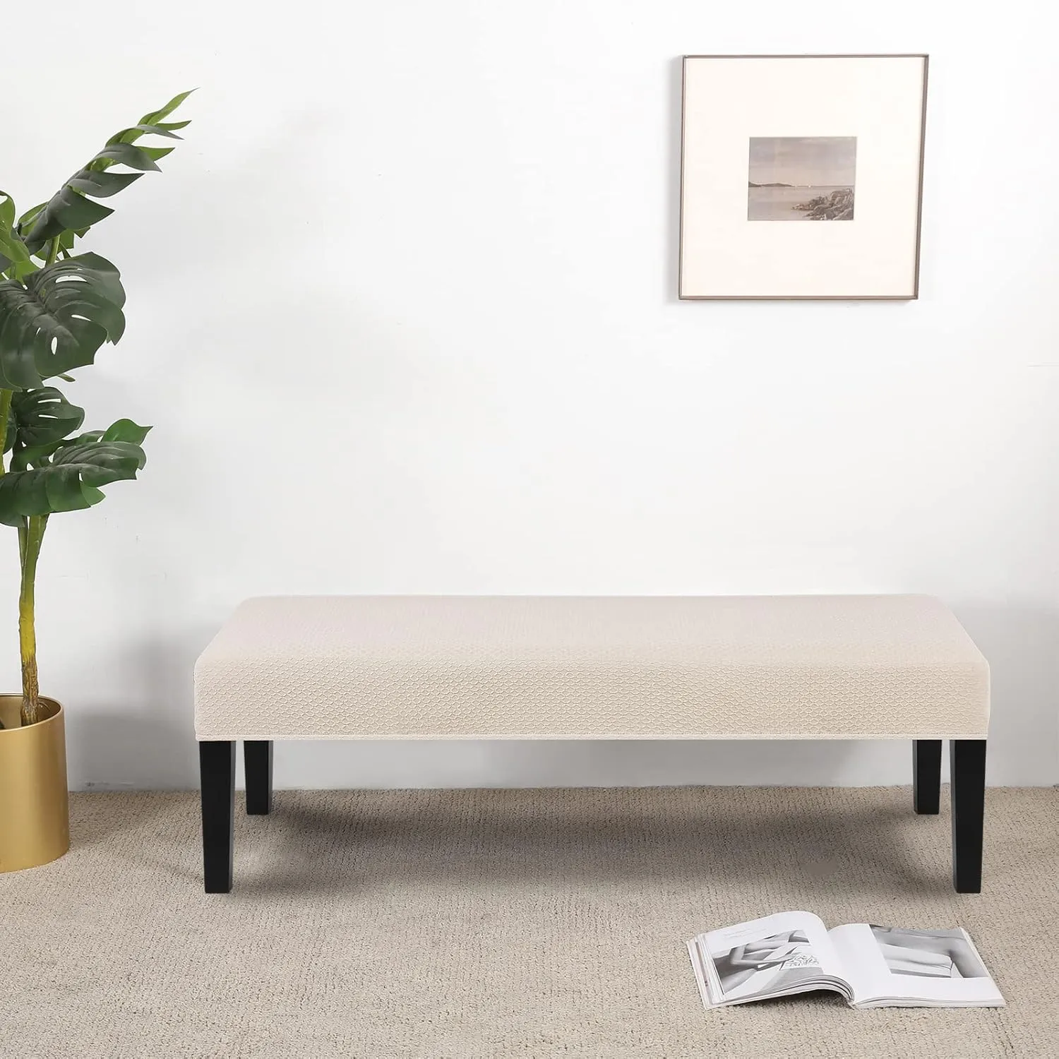 SearchI Stretch Dining Bench Cover, Washable Durable Bench Covers Slipcover, Rectangle Bench Seat Covers for Dining Room Living Room Kitchen(Beige Grid)
