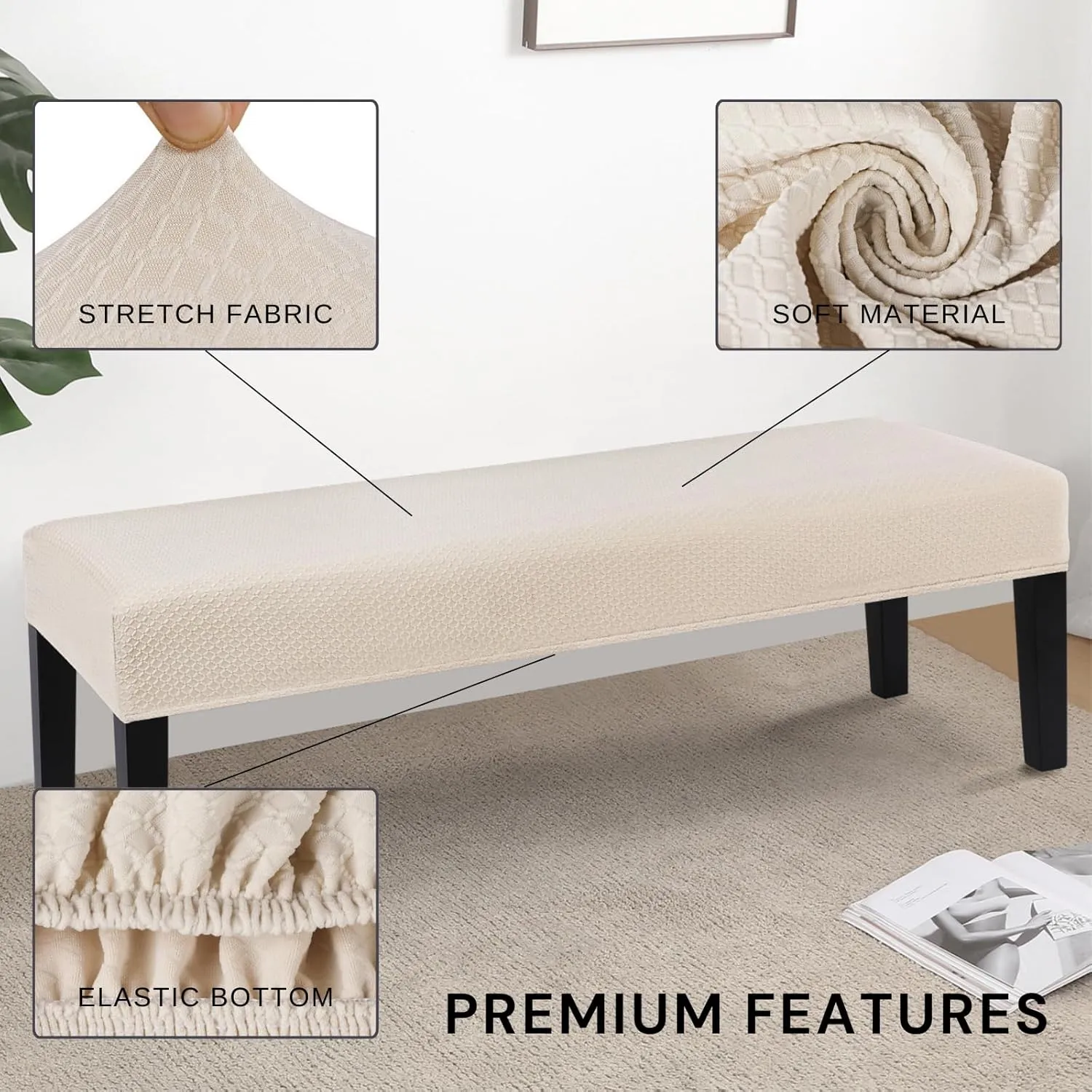 SearchI Stretch Dining Bench Cover, Washable Durable Bench Covers Slipcover, Rectangle Bench Seat Covers for Dining Room Living Room Kitchen(Beige Grid)