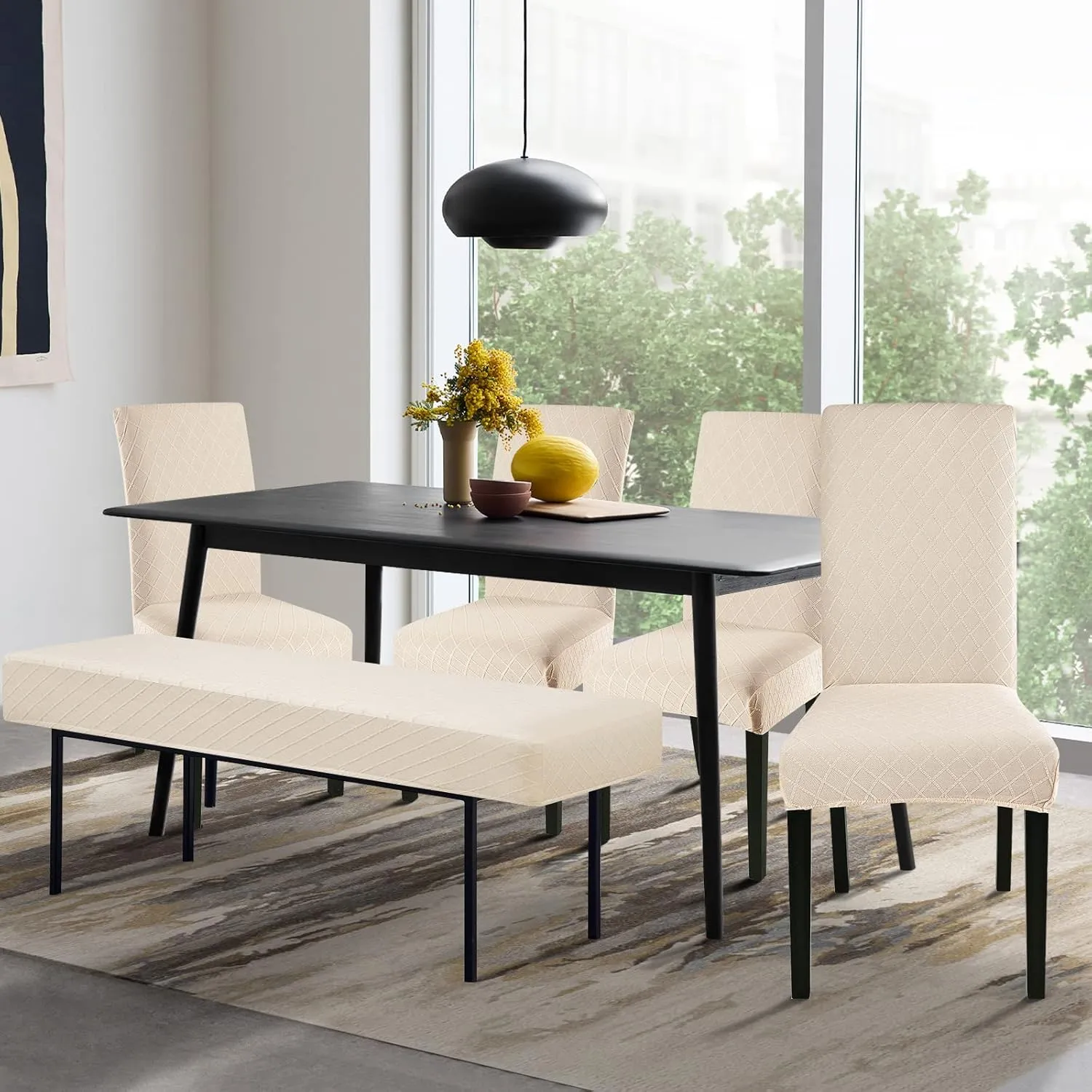 SearchI Stretch Dining Bench Cover, Washable Durable Bench Covers Slipcover, Rectangle Bench Seat Covers for Dining Room Living Room Kitchen(Jacquard Beige)