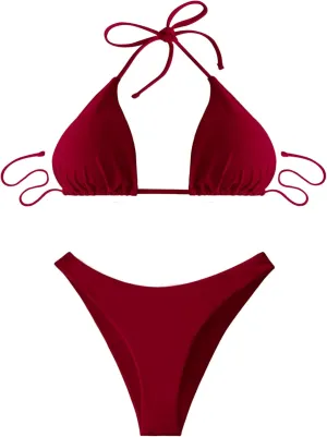Sexy Bikini Set, Self Tie String Swimsuit Top & High Waisted Thong Bottoms for Bathing Suits for Beach & Rave U1Y-BK