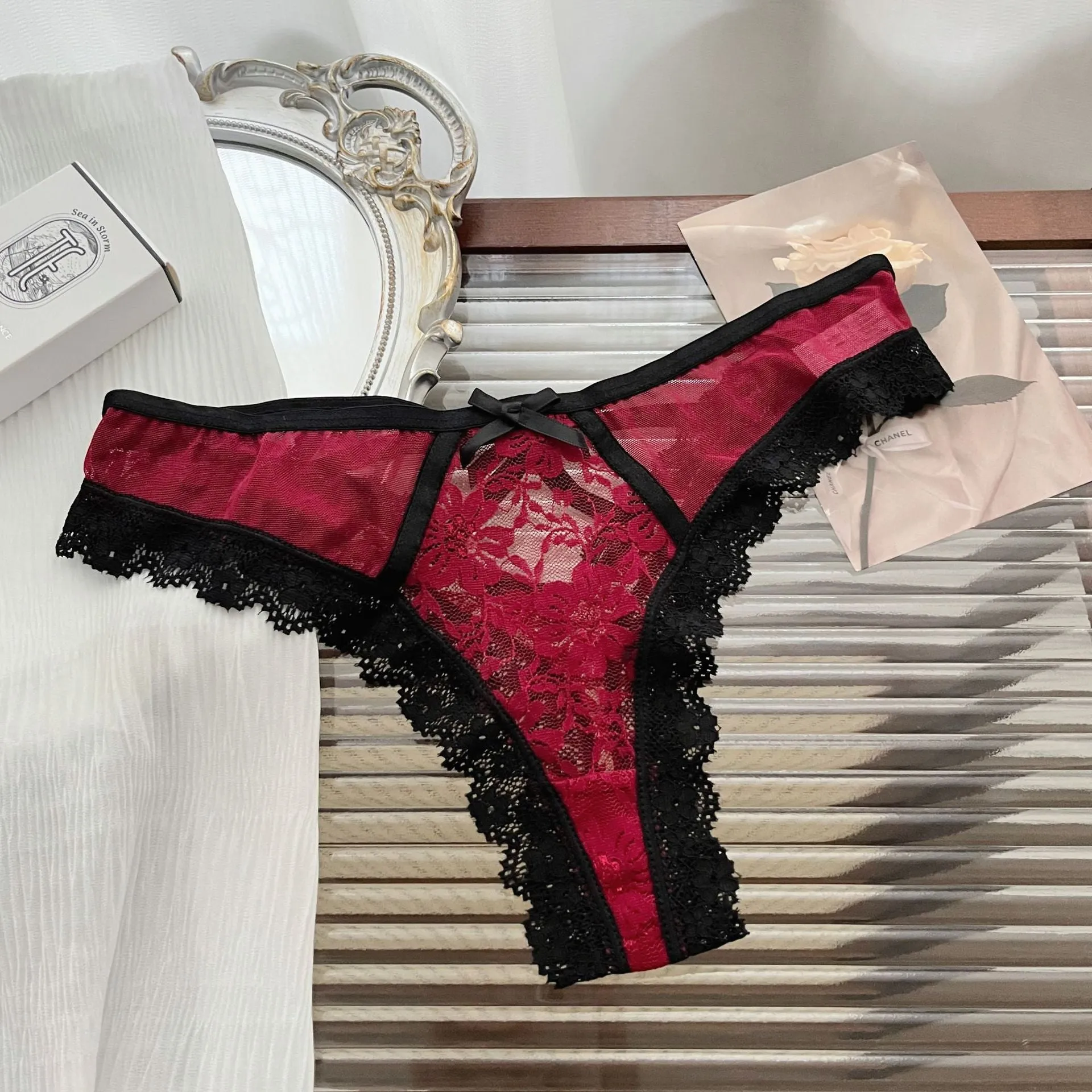 Sexy Lace Cross Tie Hollow Out Thong Panties