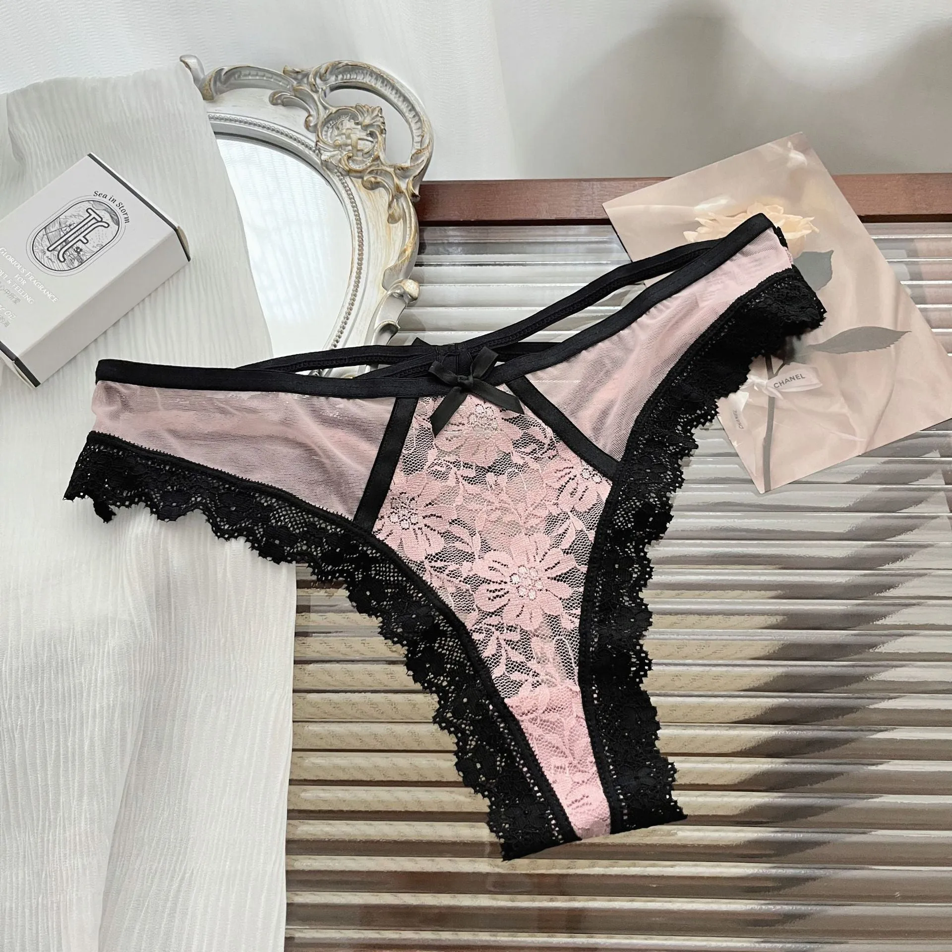 Sexy Lace Cross Tie Hollow Out Thong Panties