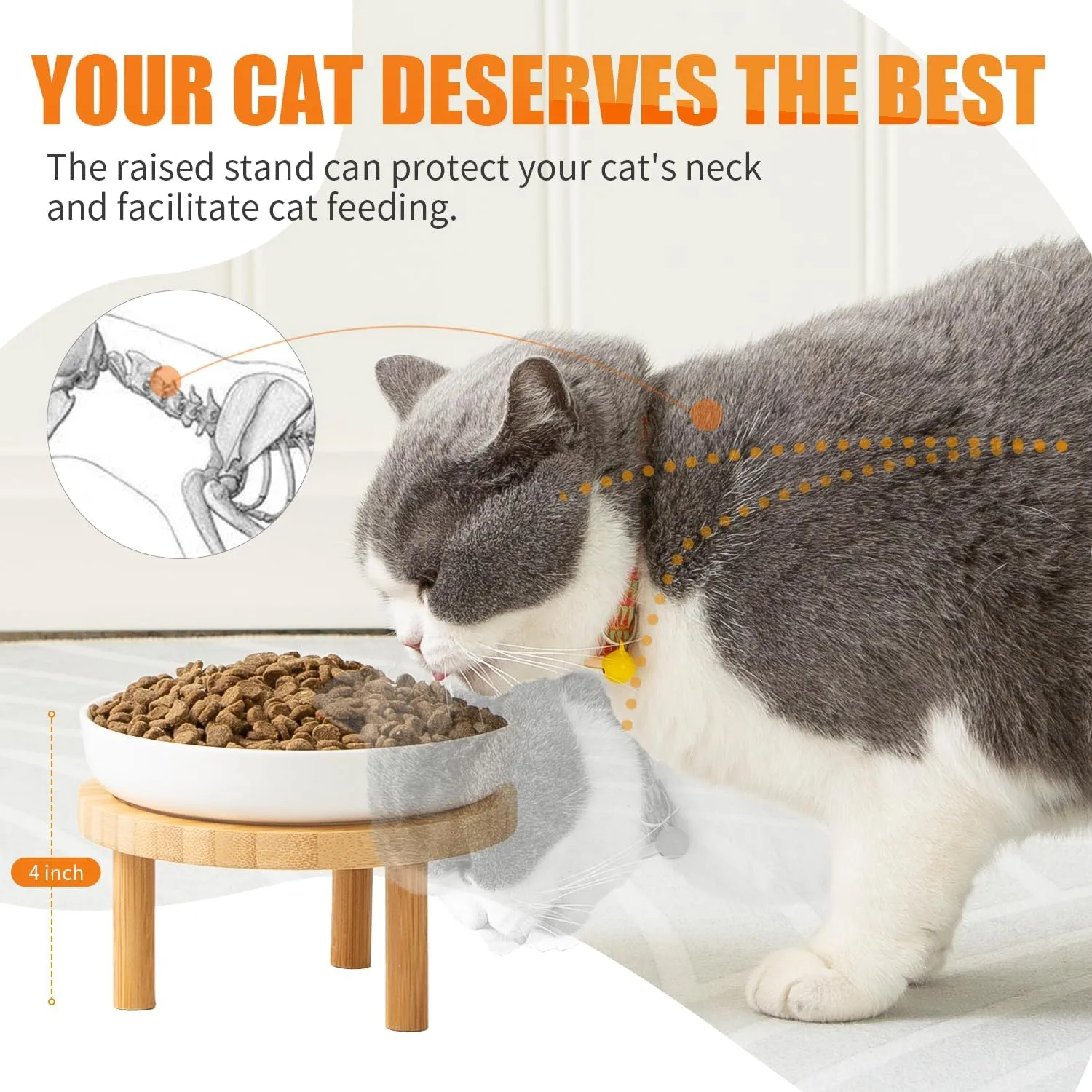 Shallow Elevated Cat Bowls,5.9 Inch Wide Raised Ceramic Cat Dishes with Bamboo Stand, Whisker Friendly Pet Water or Food Plates Feeding Station for Indoor Cats, Kitten(White,Set of 2)
