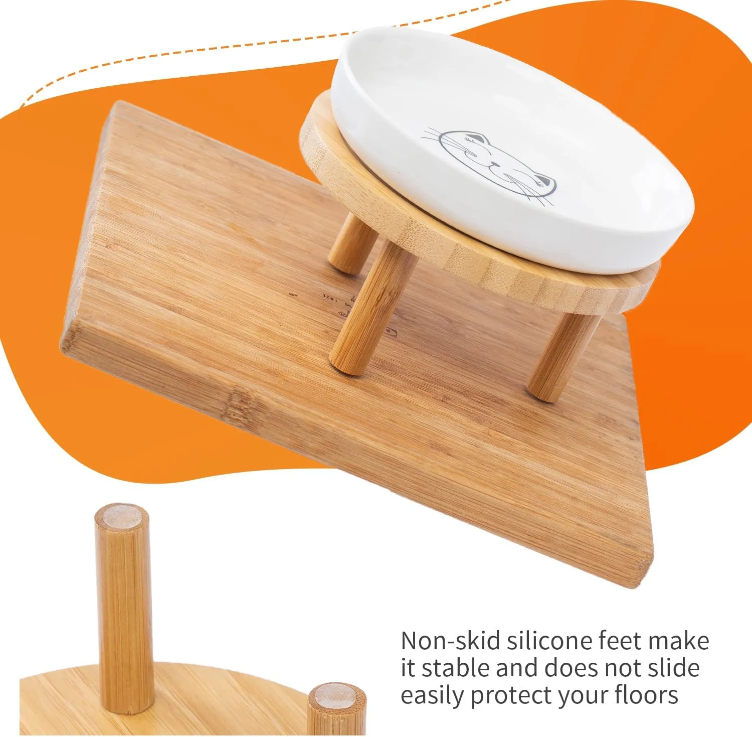 Shallow Elevated Cat Bowls,5.9 Inch Wide Raised Ceramic Cat Dishes with Bamboo Stand, Whisker Friendly Pet Water or Food Plates Feeding Station for Indoor Cats, Kitten(White,Set of 2)