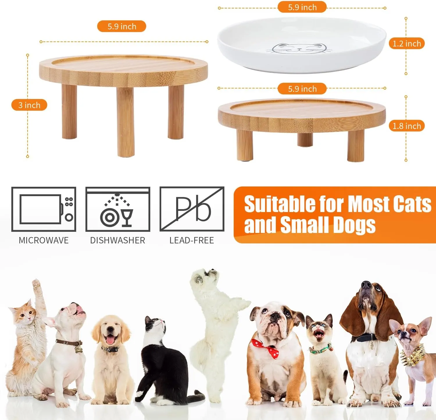 Shallow Elevated Cat Bowls,5.9 Inch Wide Raised Ceramic Cat Dishes with Bamboo Stand, Whisker Friendly Pet Water or Food Plates Feeding Station for Indoor Cats, Kitten(White,Set of 2)
