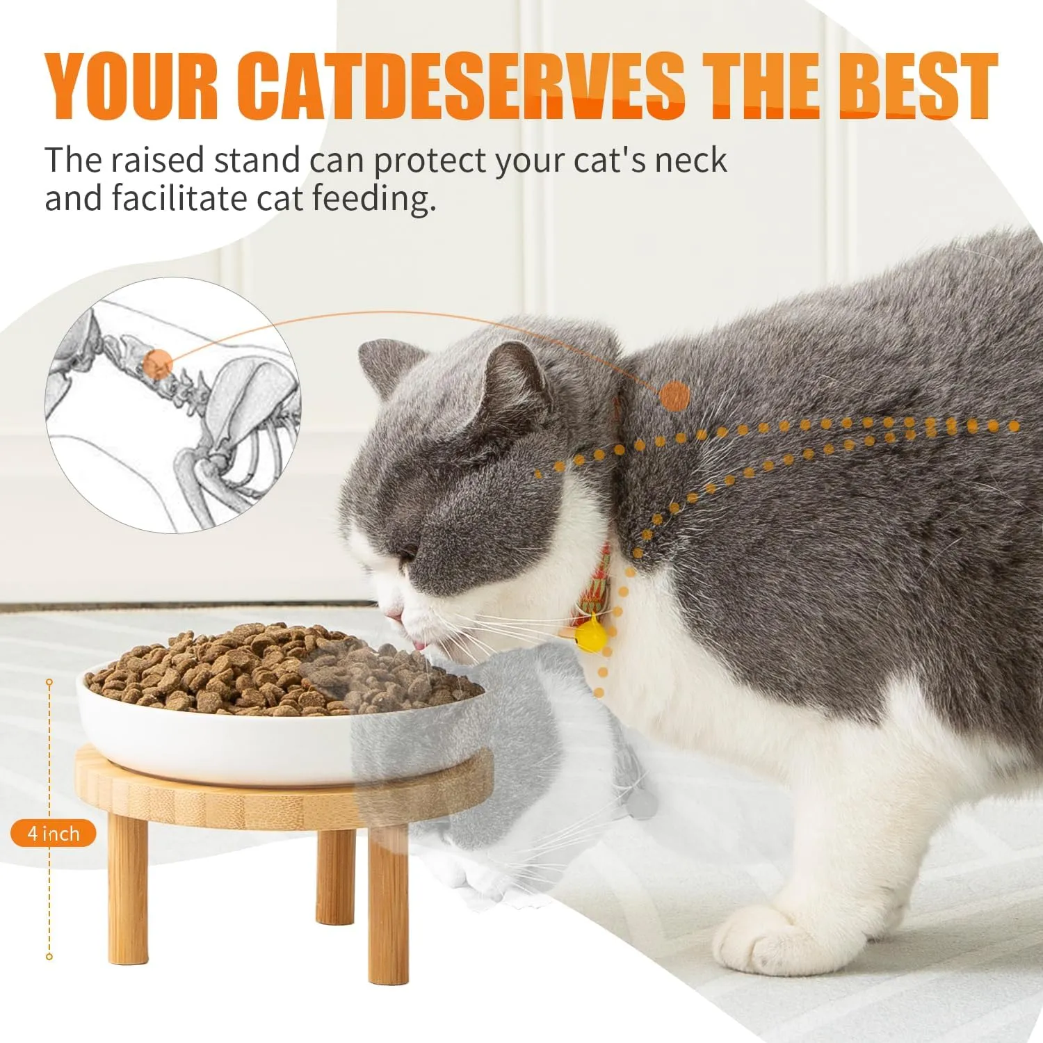 Shallow Elevated Cat Bowls,5.9 Inch Wide Raised Ceramic Cat Dishes with Bamboo Stand, Whisker Friendly Pet Water or Food Plates Feeding Station for Indoor Cats, Kitten(White,Set of 2)