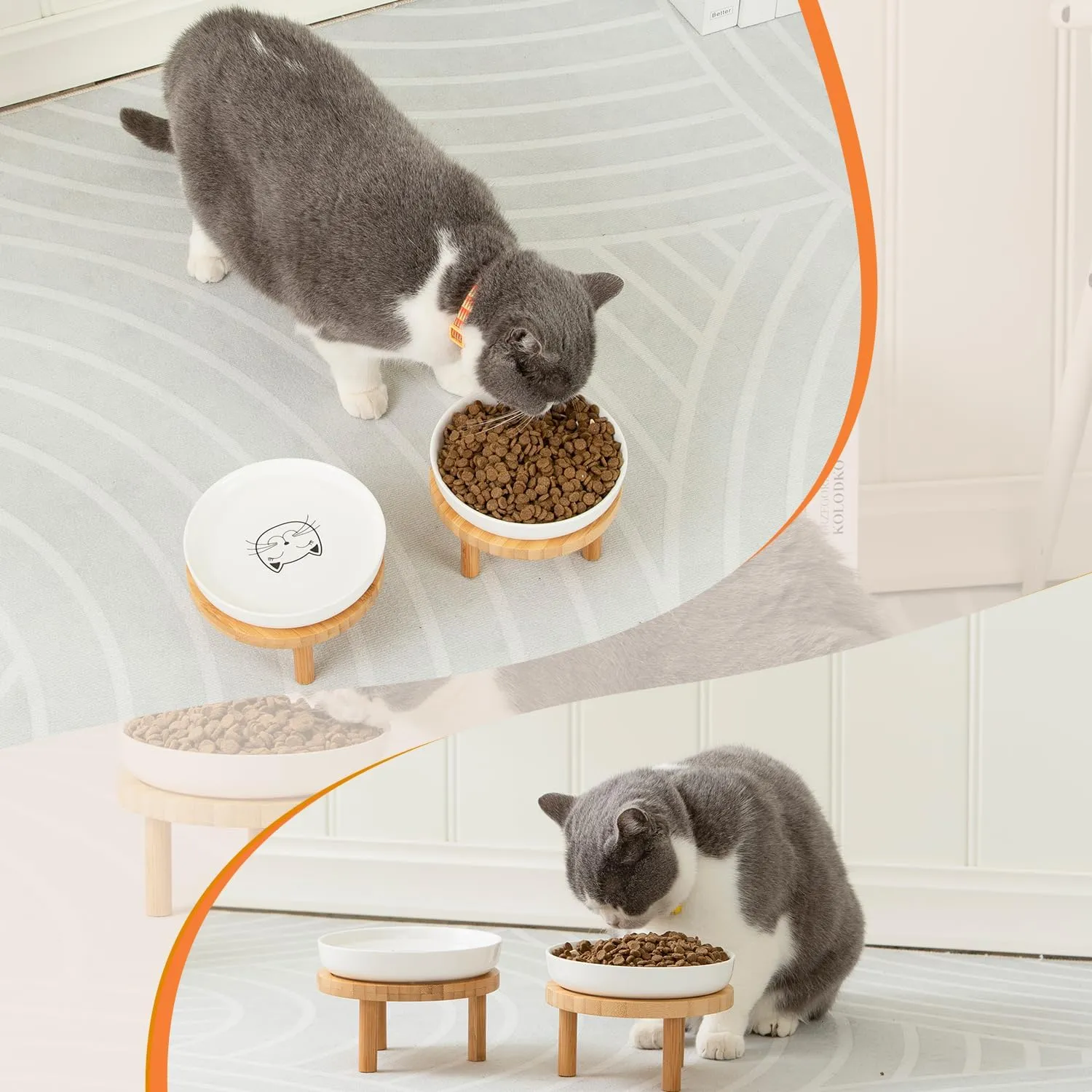 Shallow Elevated Cat Bowls,5.9 Inch Wide Raised Ceramic Cat Dishes with Bamboo Stand, Whisker Friendly Pet Water or Food Plates Feeding Station for Indoor Cats, Kitten(White,Set of 2)