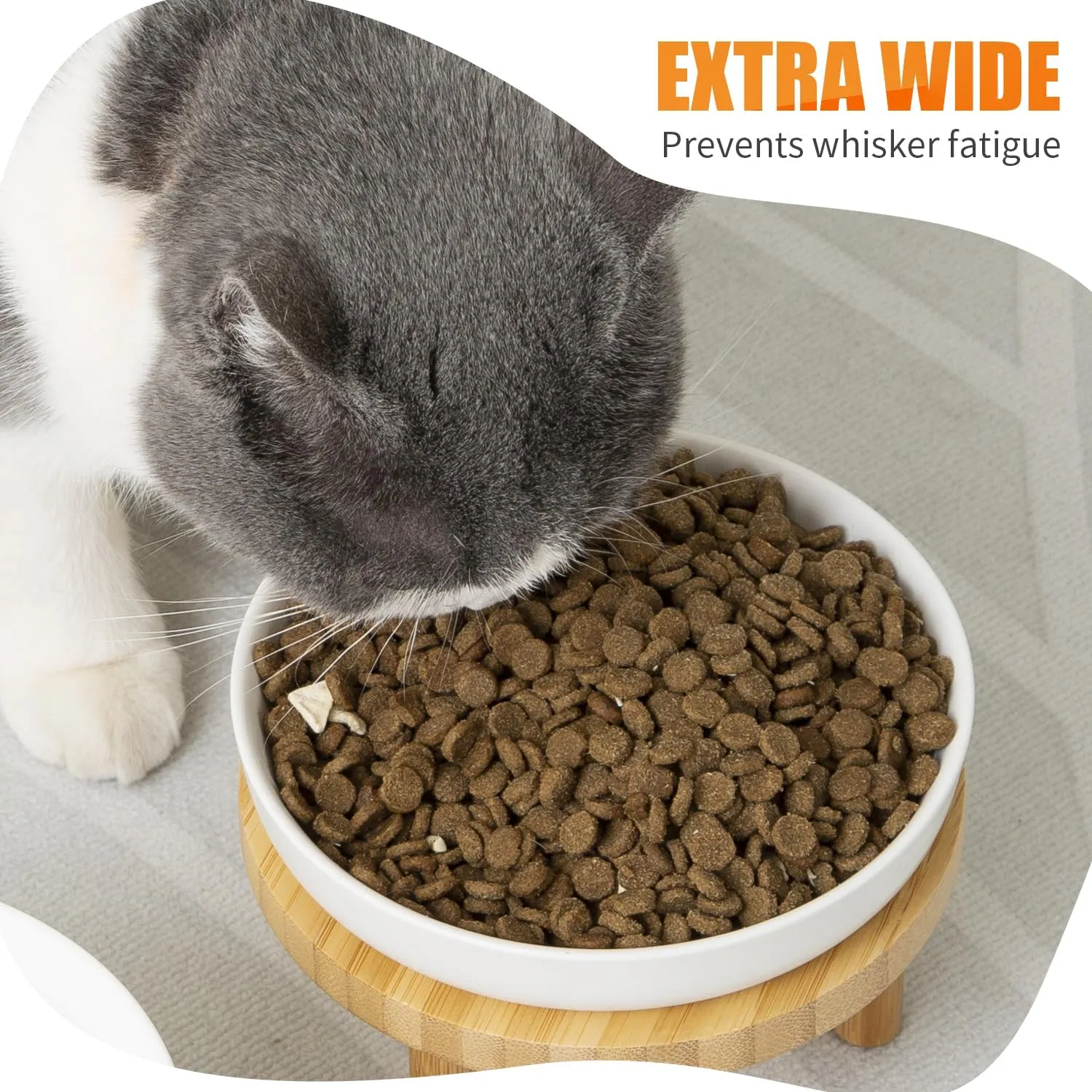 Shallow Elevated Cat Bowls,5.9 Inch Wide Raised Ceramic Cat Dishes with Bamboo Stand, Whisker Friendly Pet Water or Food Plates Feeding Station for Indoor Cats, Kitten(White,Set of 2)