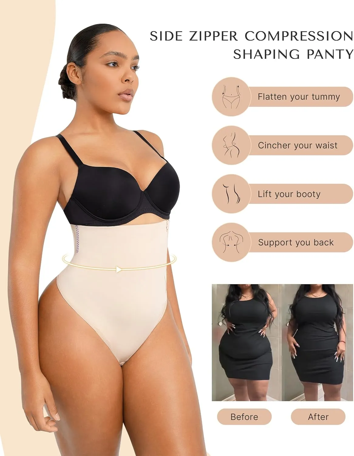 SHAPELLX Tummy Control Shapewear Side Zipper Panties Body Shaper for Women Compression Shapewear Thong Girdle Waist Shaper