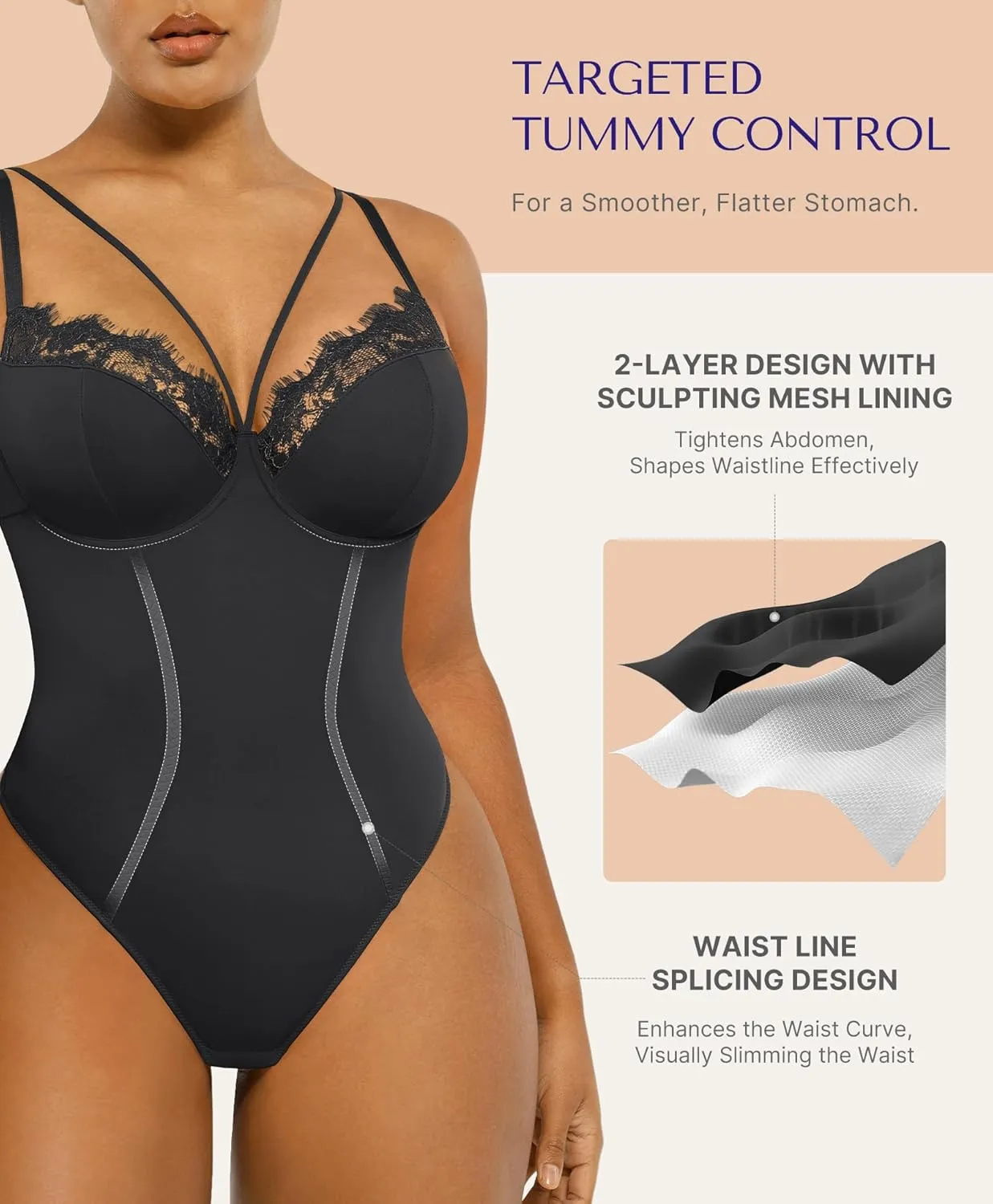 SHAPELLX Women's Shapewear Bodysuit Tummy Control Body Shaper Lace Sculpting Snatched Waist Body Suit V Neck Thong Bodysuit