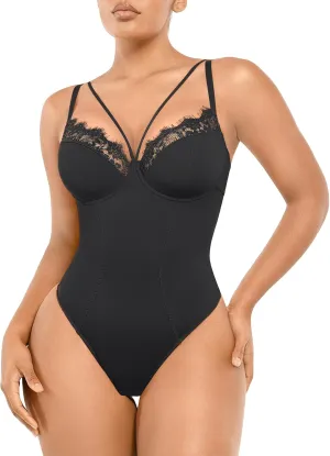 SHAPELLX Women's Shapewear Bodysuit Tummy Control Body Shaper Lace Sculpting Snatched Waist Body Suit V Neck Thong Bodysuit