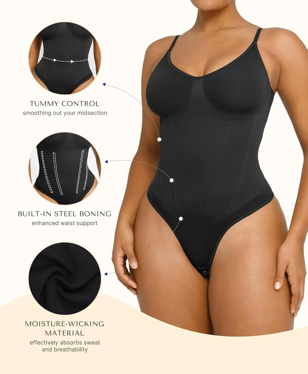 SHAPELLX Womens Shapewear Tummy Control Thong Slimming Body Shaper Seamless Compression Top Waist Boning Corset Bodysuit
