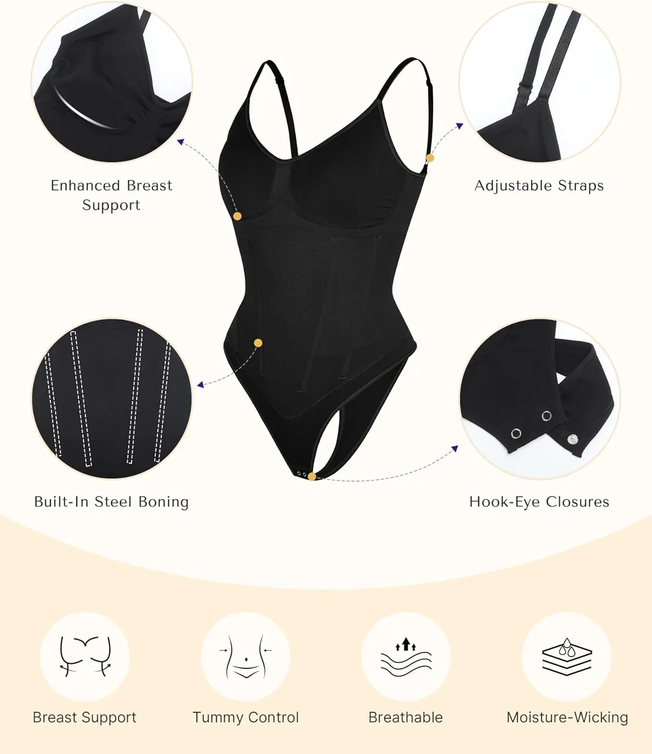 SHAPELLX Womens Shapewear Tummy Control Thong Slimming Body Shaper Seamless Compression Top Waist Boning Corset Bodysuit