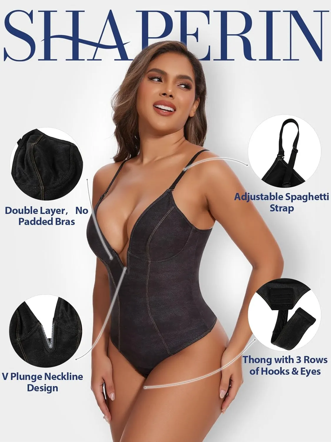 SHAPERIN Bodysuit for Women Shapewear Tummy Control Deep V Neck Plunge Sleeveless Backless Thong Body Suit Tank Top