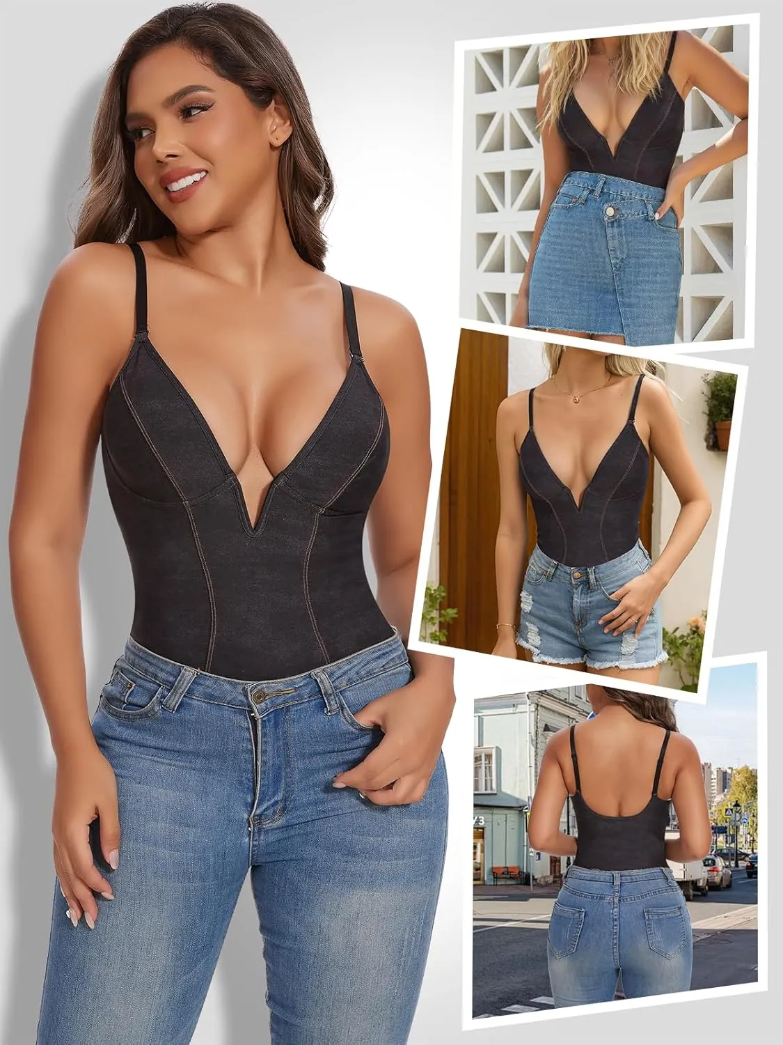 SHAPERIN Bodysuit for Women Shapewear Tummy Control Deep V Neck Plunge Sleeveless Backless Thong Body Suit Tank Top